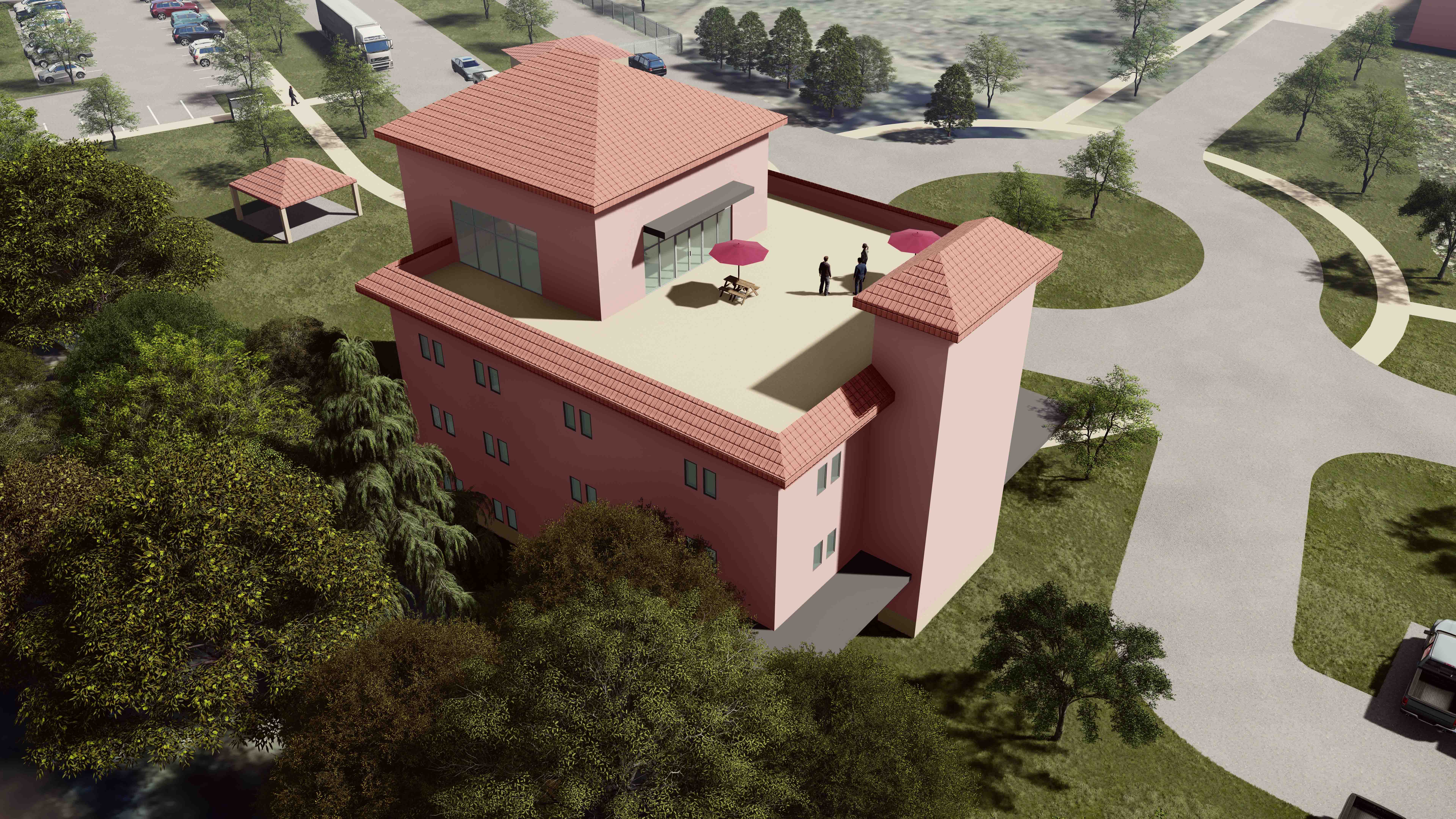 3D Rendering of Fridley Building from Aerial View