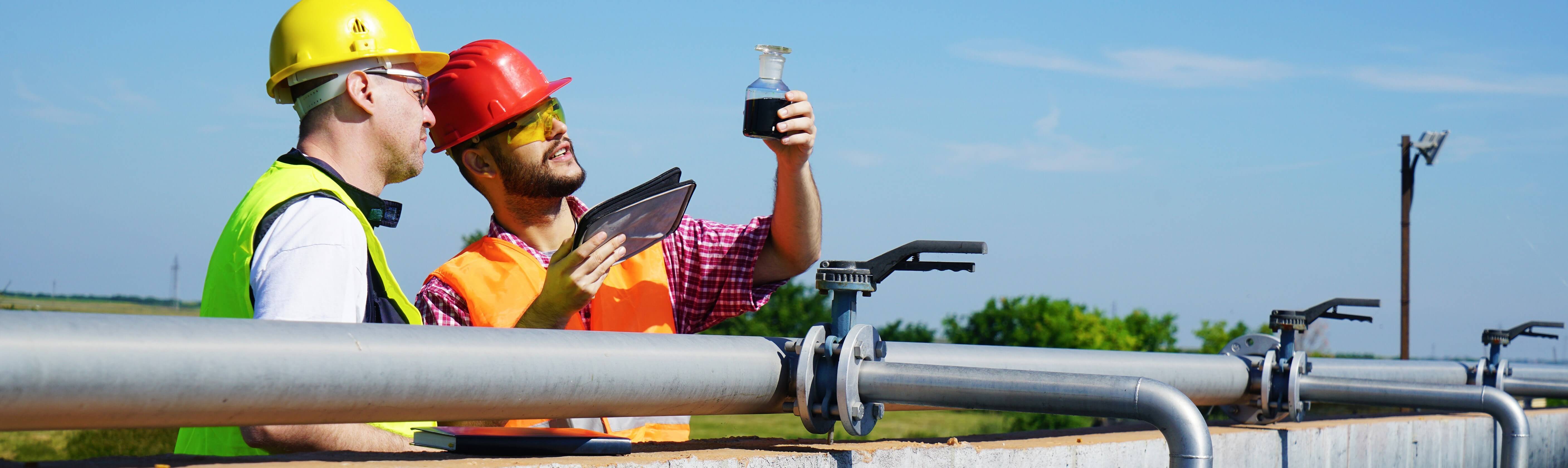 Two engineers testing water at a treatment facility